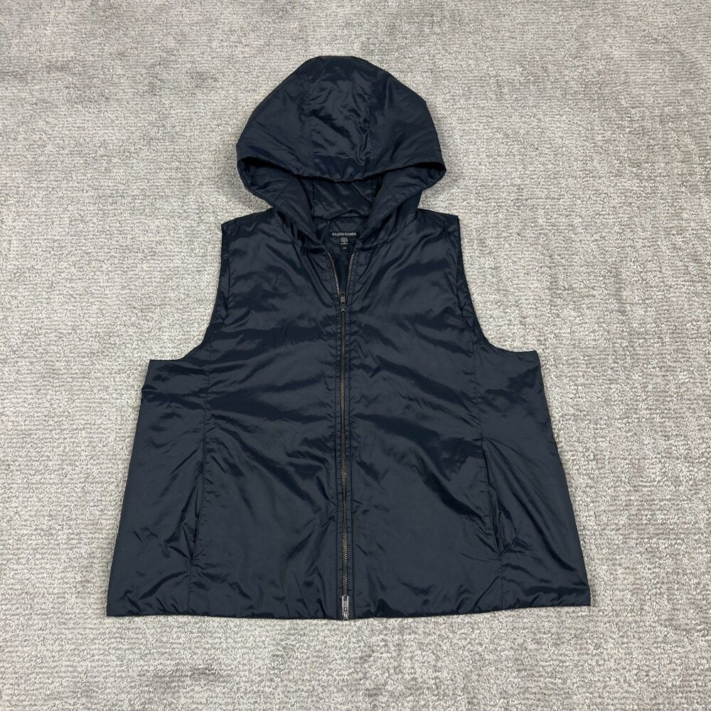 Eileen Fisher Vest Women's Large Blue Gray Zip Up Jacket Hooded Pockets